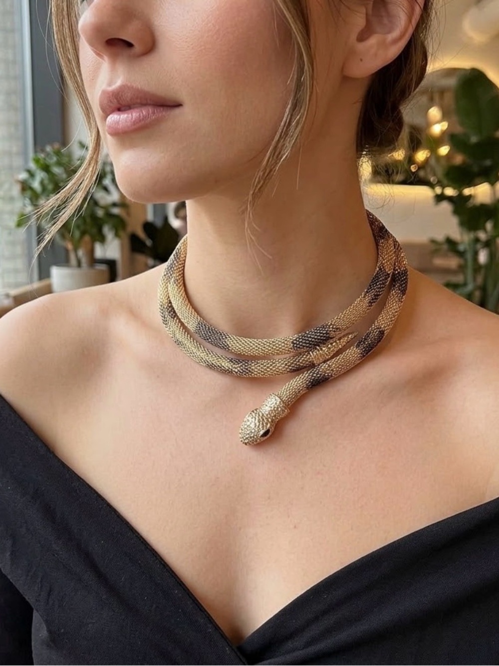 Gold-Tone Snake Wrap Choker Necklace with Black and Brown Accents
